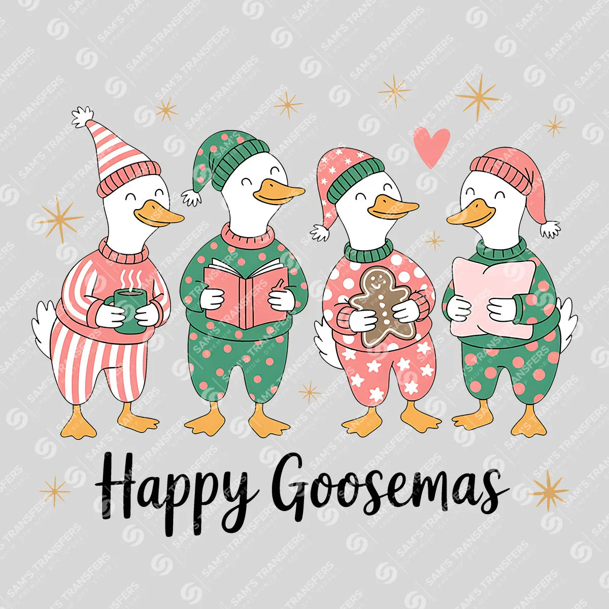 Apparel featuring a Happy Goosemas-themed DTF transfer.