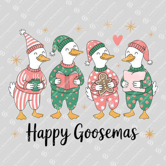 Apparel featuring a Happy Goosemas-themed DTF transfer.