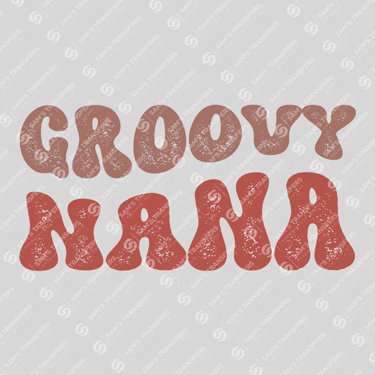 Apparel featuring a Groovy Nana-themed DTF transfer.