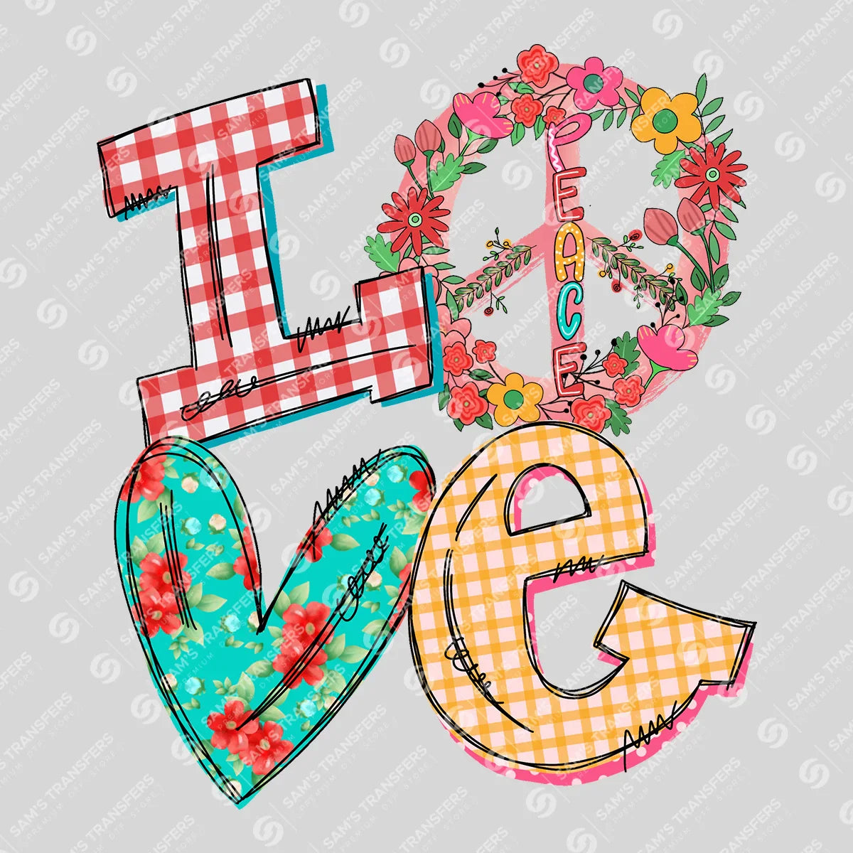 Apparel featuring a Peace Love-themed DTF transfer.