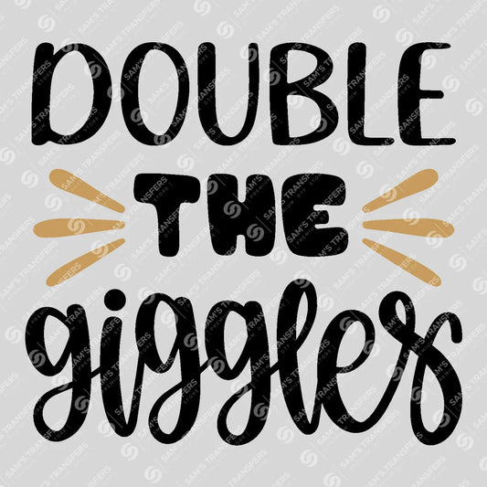 Apparel featuring a Double the Giggles-themed DTF transfer.