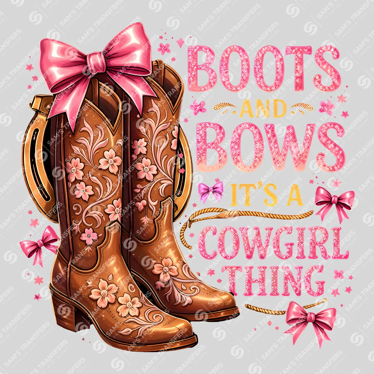 Apparel featuring a Boots and Bows It's a Cowgirl Thing Glitter-themed DTF transfer.