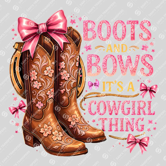 Apparel featuring a Boots and Bows It's a Cowgirl Thing Glitter-themed DTF transfer.