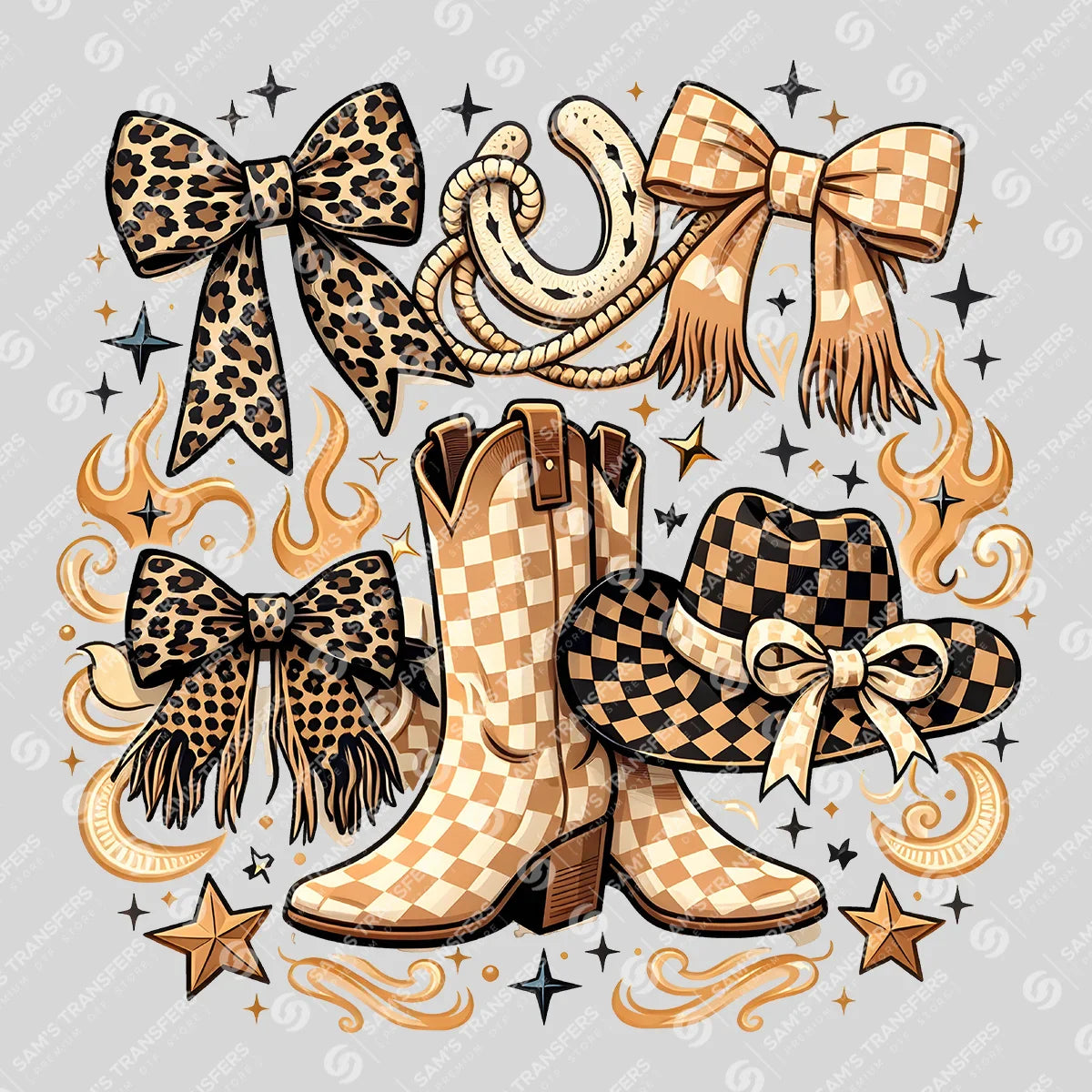 Apparel featuring a Cowgirl Boots and Bows Collage-themed DTF transfer.