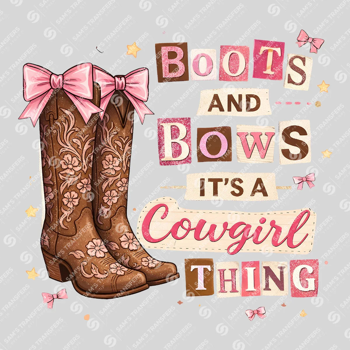 Apparel featuring a Boots and Bows It's a Cowgirl Thing Blue-themed DTF transfer.