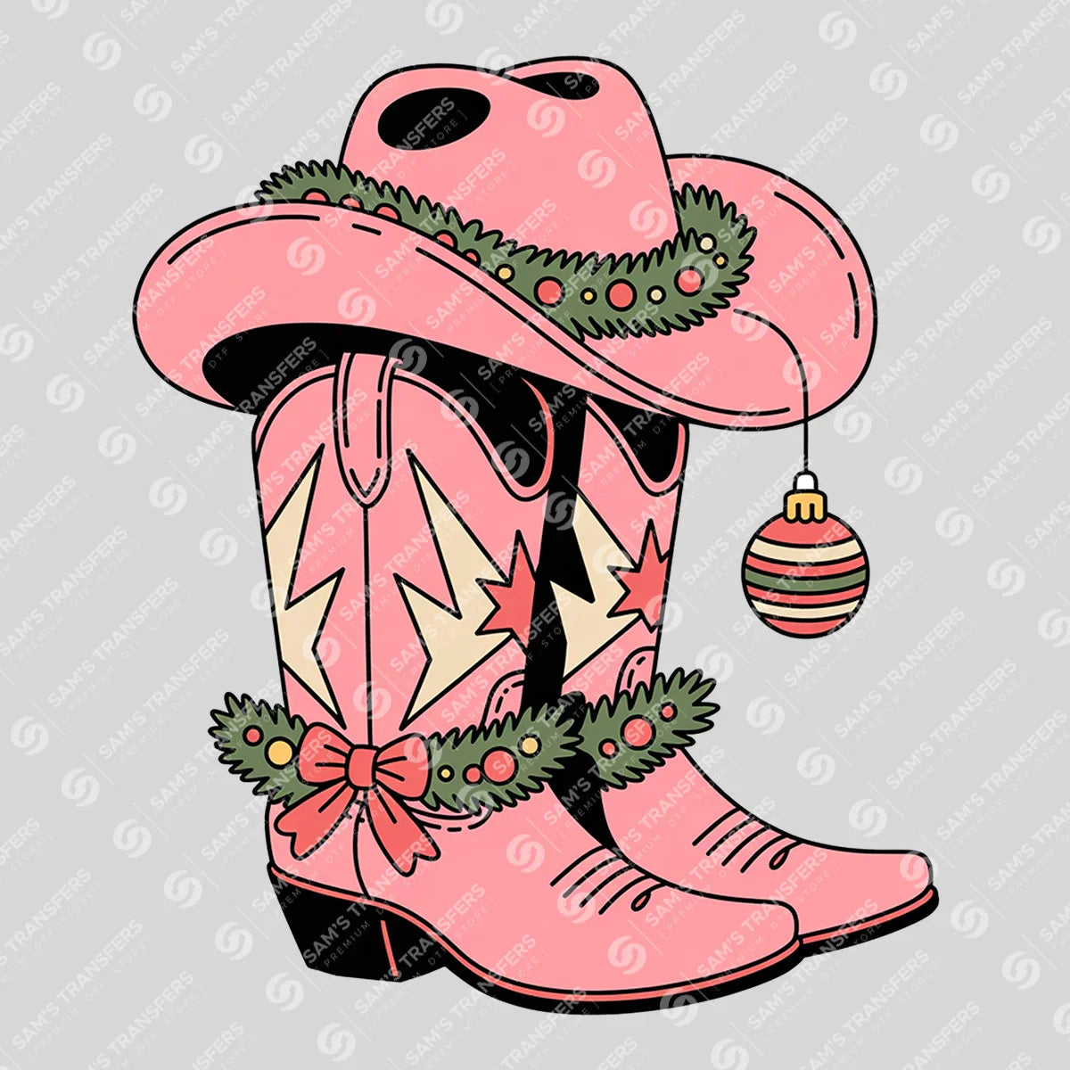 Apparel featuring a Pink Christmas Cowgirl Boots-themed DTF transfer.
