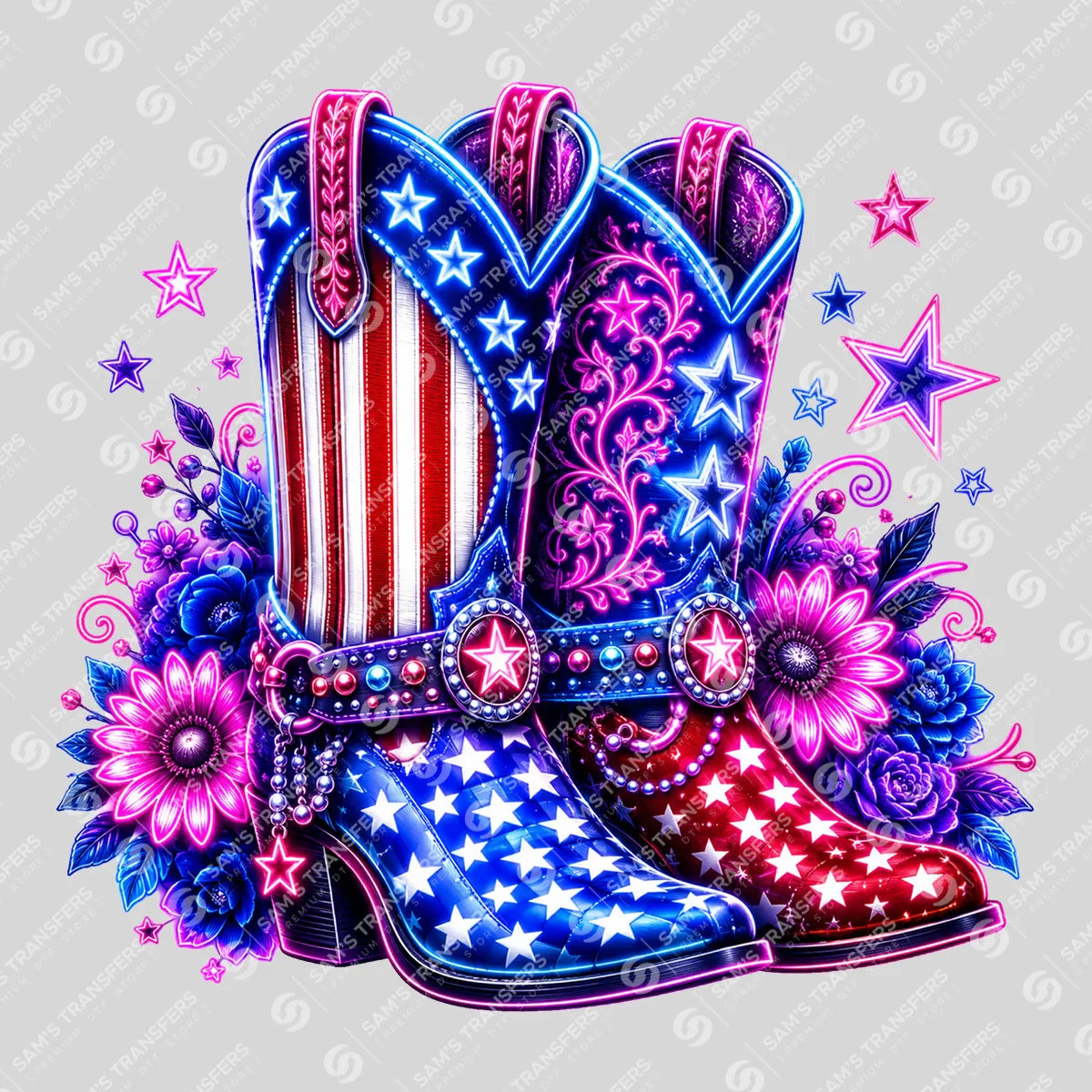 Apparel featuring a American Flag Cowgirl Boots Neon-themed DTF transfer.
