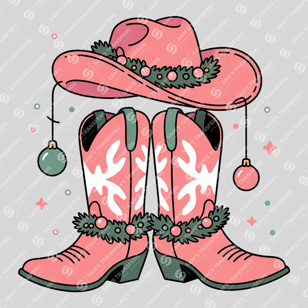 Apparel featuring a Pink Christmas Cowgirl Boots Wreath-themed DTF transfer.