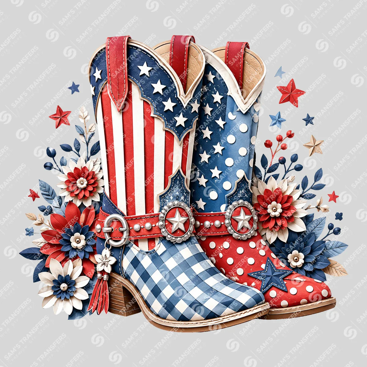Apparel featuring a Patriotic Cowgirl Boots Floral-themed DTF transfer.