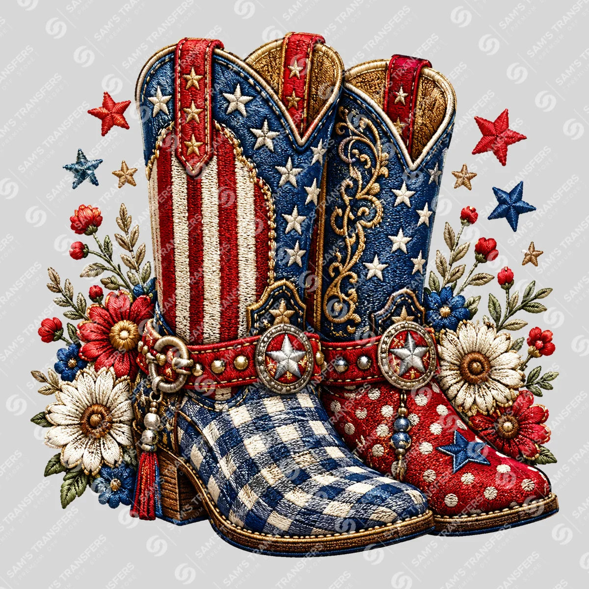 Apparel featuring a Patriotic Embroidered Cowgirl Boots-themed DTF transfer.
