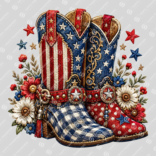 Apparel featuring a Patriotic Embroidered Cowgirl Boots-themed DTF transfer.
