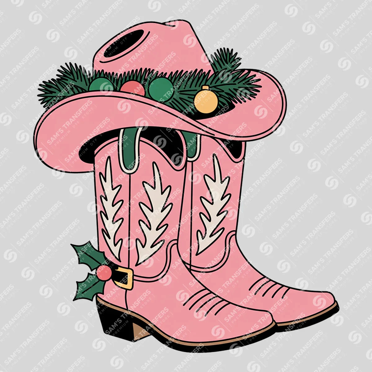 Apparel featuring a Pink Cowgirl Boots Christmas Holly-themed DTF transfer.