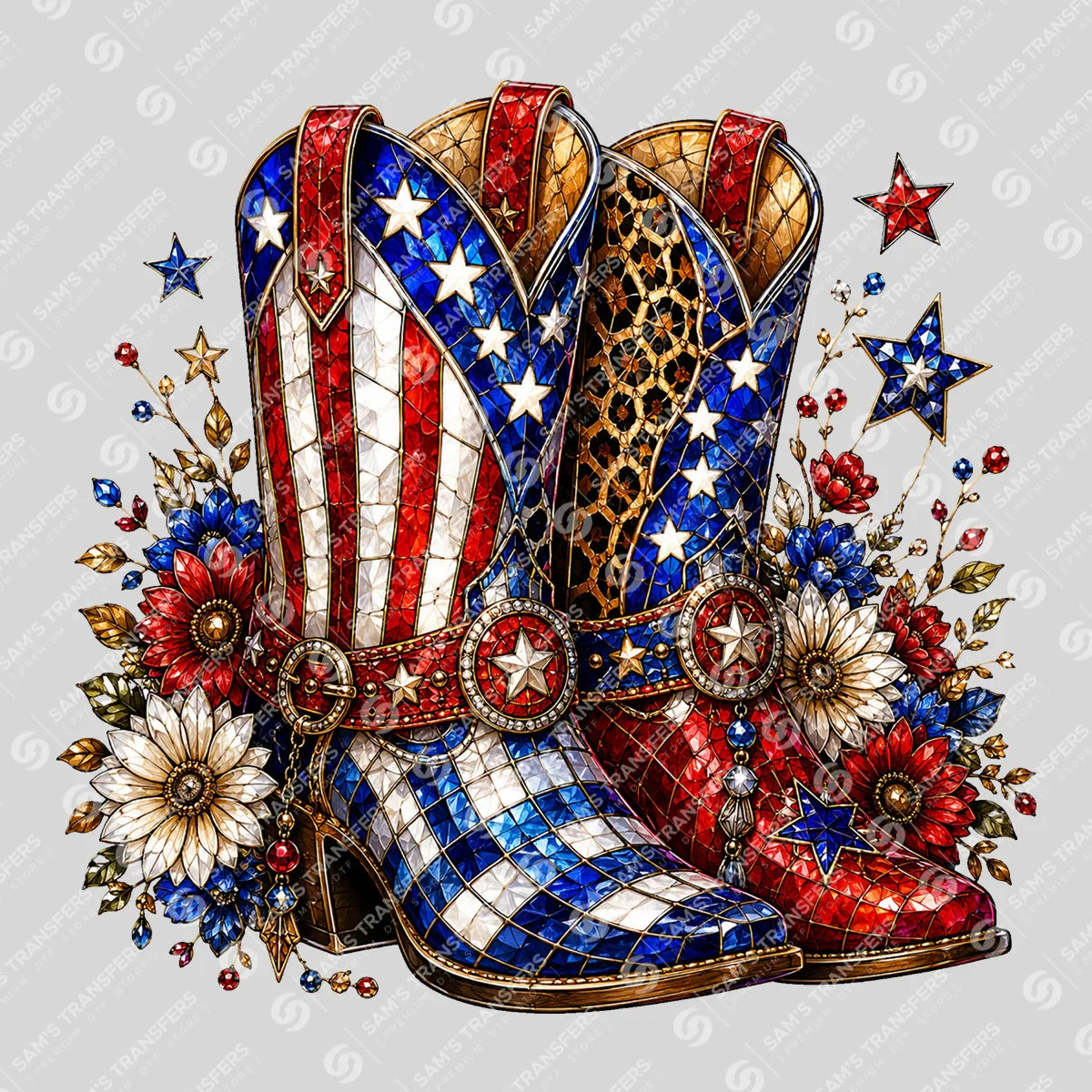 Apparel featuring a Patriotic Jeweled Cowgirl Boots-themed DTF transfer.