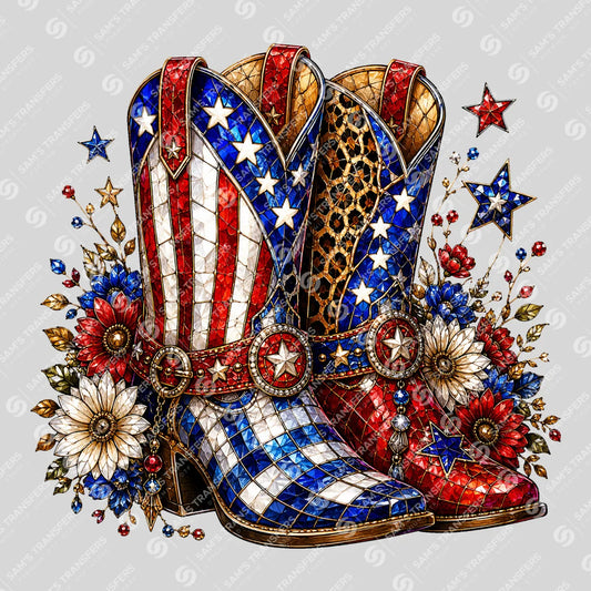 Apparel featuring a Patriotic Jeweled Cowgirl Boots-themed DTF transfer.