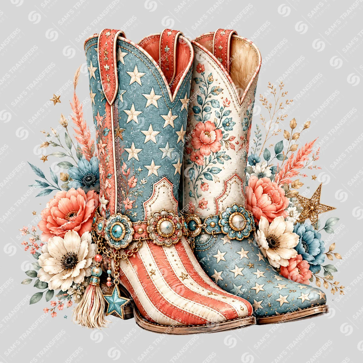 Apparel featuring a Patriotic Floral Cowgirl Boots Teal-themed DTF transfer.