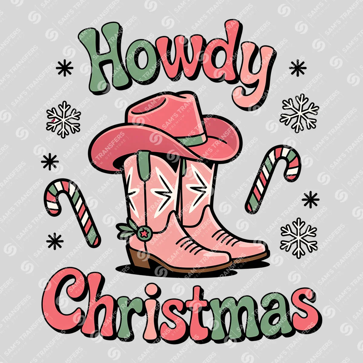 Apparel featuring a Howdy Christmas Retro-themed DTF transfer.