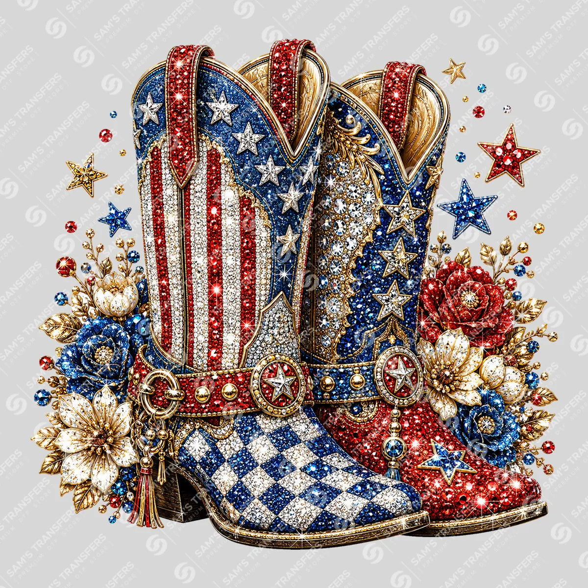 Apparel featuring a Patriotic Glitter Cowgirl Boots-themed DTF transfer.