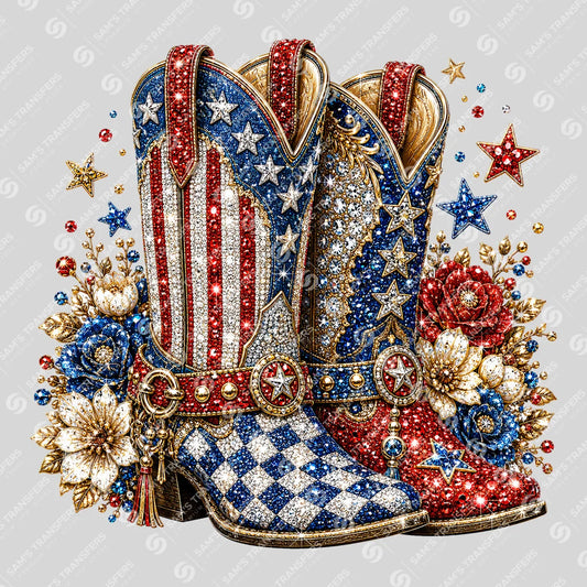 Apparel featuring a Patriotic Glitter Cowgirl Boots-themed DTF transfer.