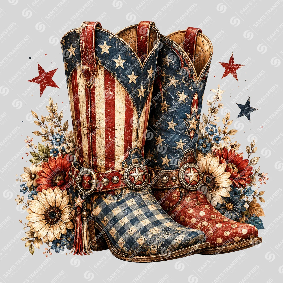 Apparel featuring a Patriotic Vintage Cowgirl Boots-themed DTF transfer.