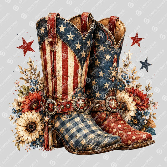 Apparel featuring a Patriotic Vintage Cowgirl Boots-themed DTF transfer.