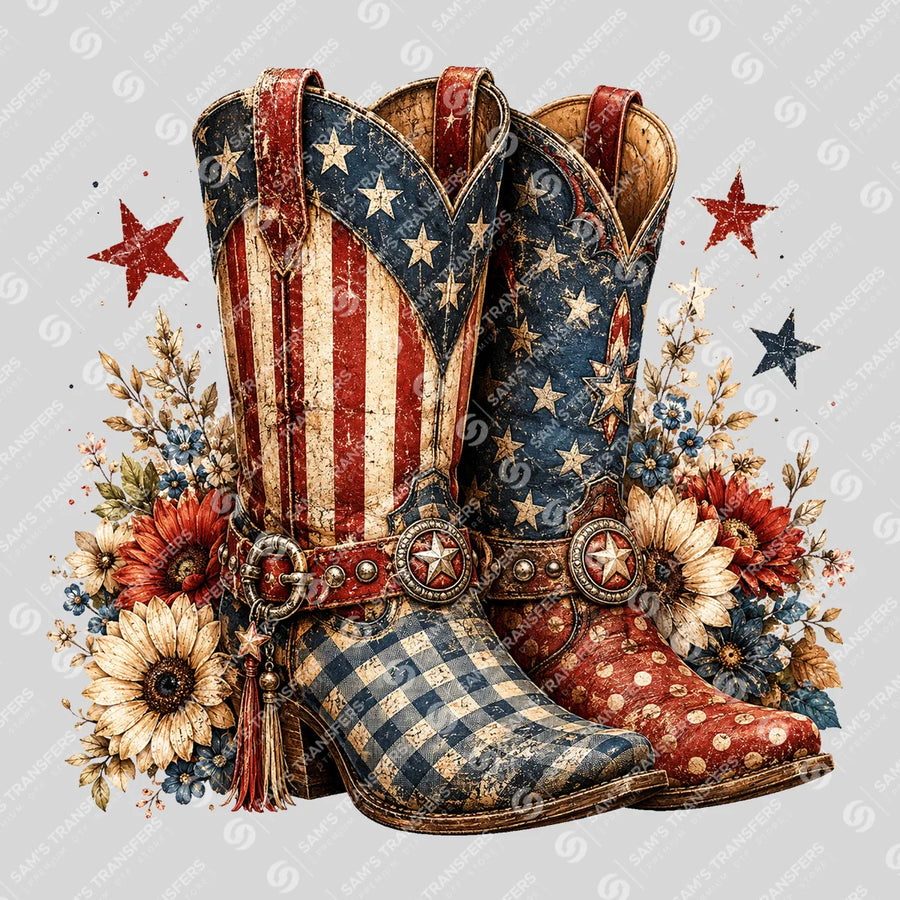 Patriotic Vintage Cowgirl Boots Ready-to-Press DTF Transfer | SAT07829