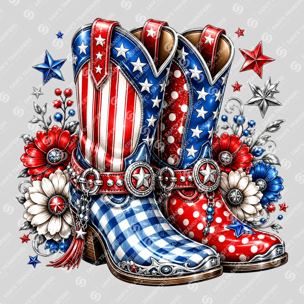 Apparel featuring a Patriotic Cowgirl Boots Gingham-themed DTF transfer.