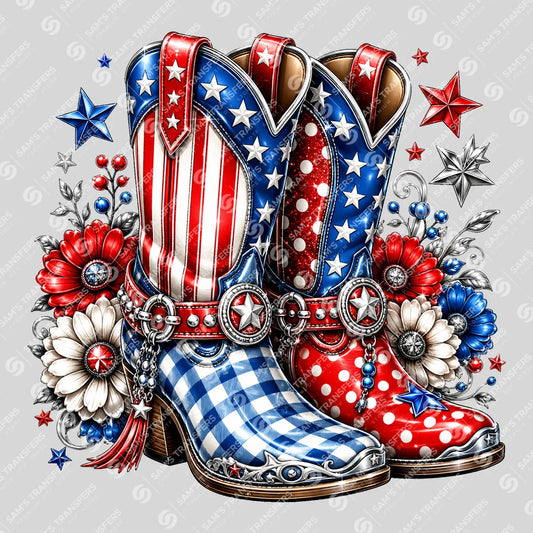 Apparel featuring a Patriotic Cowgirl Boots Gingham-themed DTF transfer.