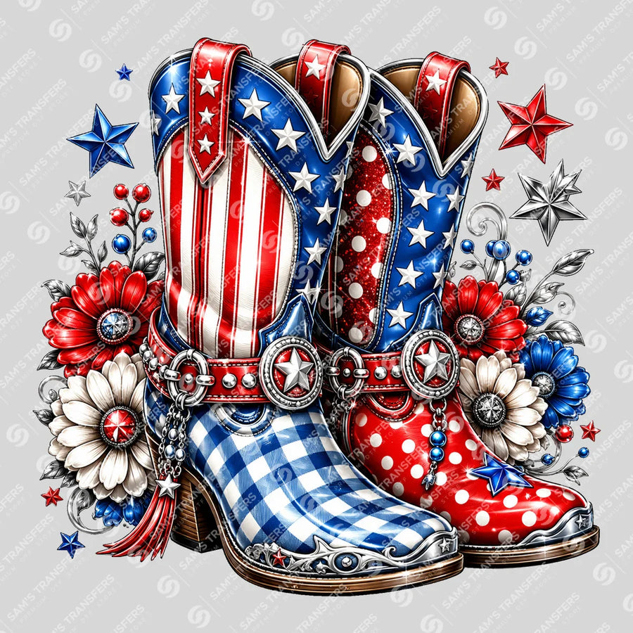 Patriotic Cowgirl Boots Gingham Ready-to-Press DTF Transfer | SAT07831