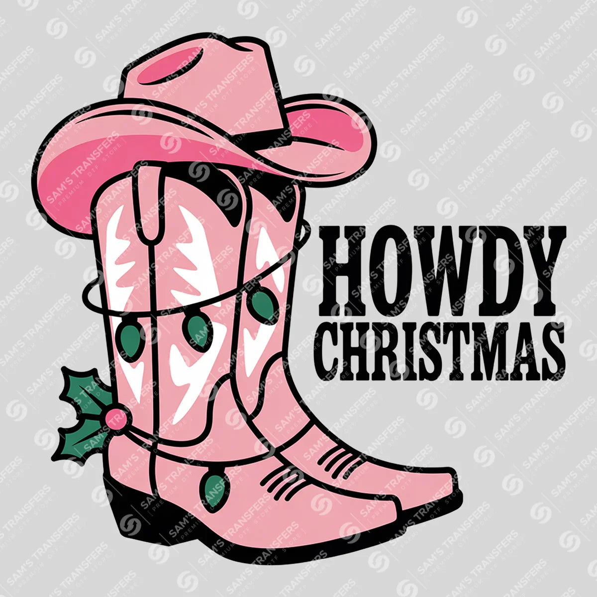 Apparel featuring a Howdy Christmas Lights-themed DTF transfer.
