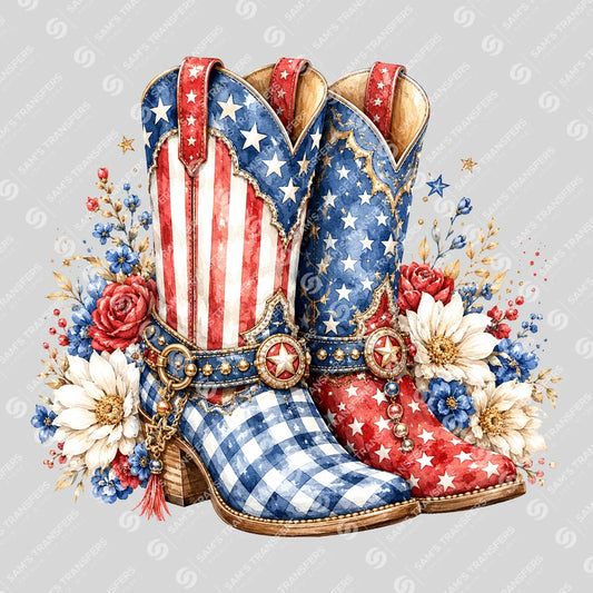 Apparel featuring a Patriotic Cowgirl Boots Watercolor-themed DTF transfer.