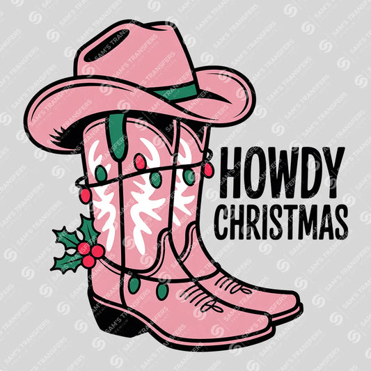Apparel featuring a Howdy Christmas Tinsel-themed DTF transfer.