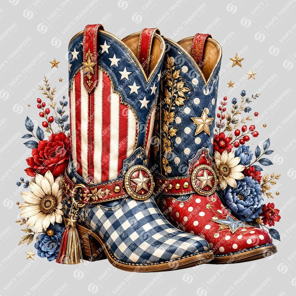 Apparel featuring a Patriotic Cowgirl Boots Embroidered-themed DTF transfer.
