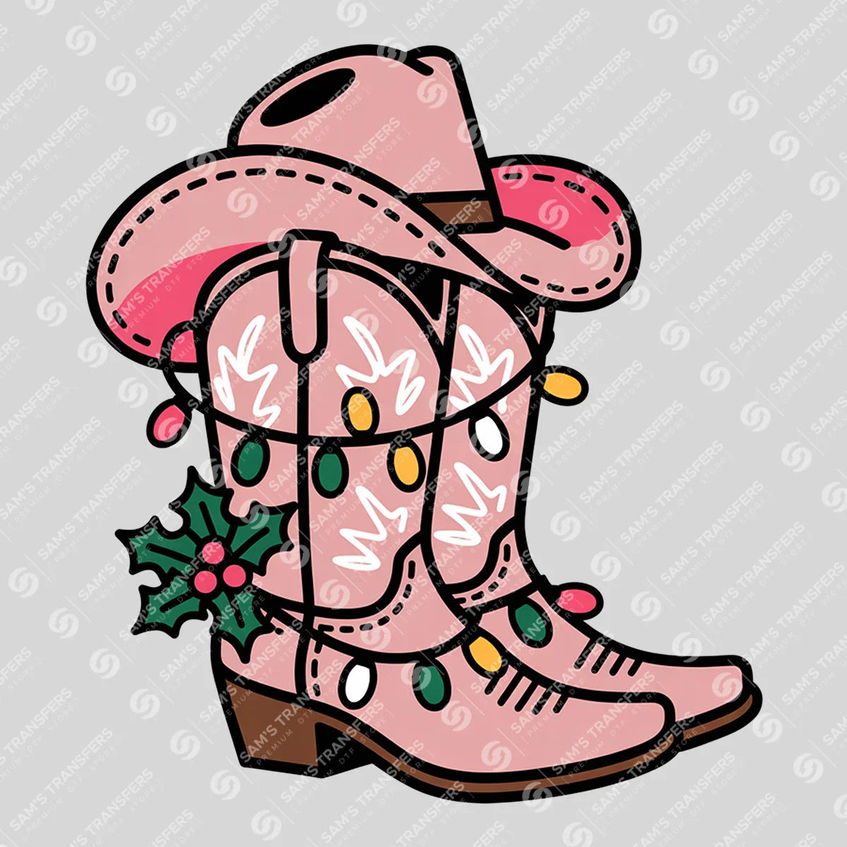 Apparel featuring a Pink Cowgirl Boots Lights Holly-themed DTF transfer.