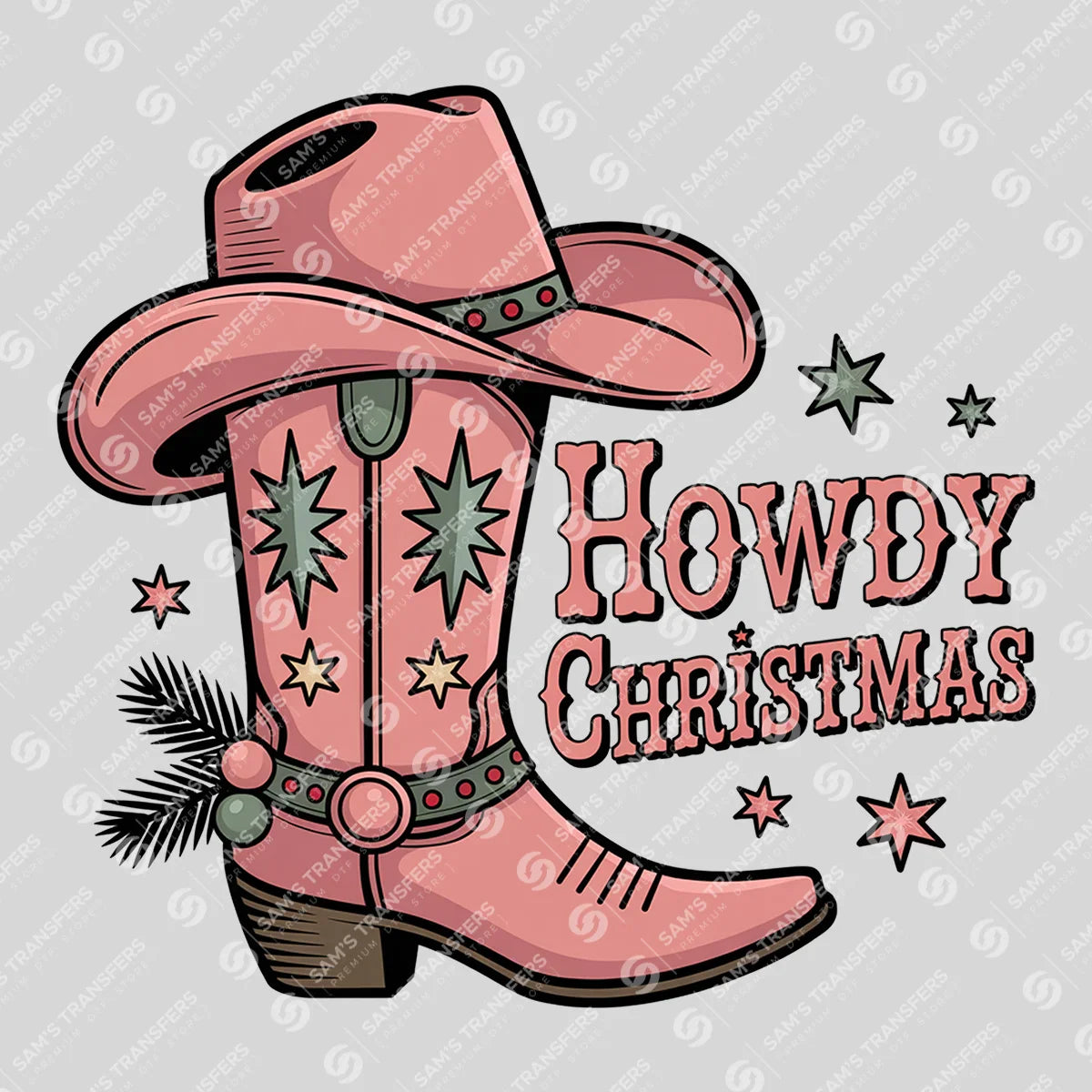 Apparel featuring a Howdy Christmas Stars-themed DTF transfer.