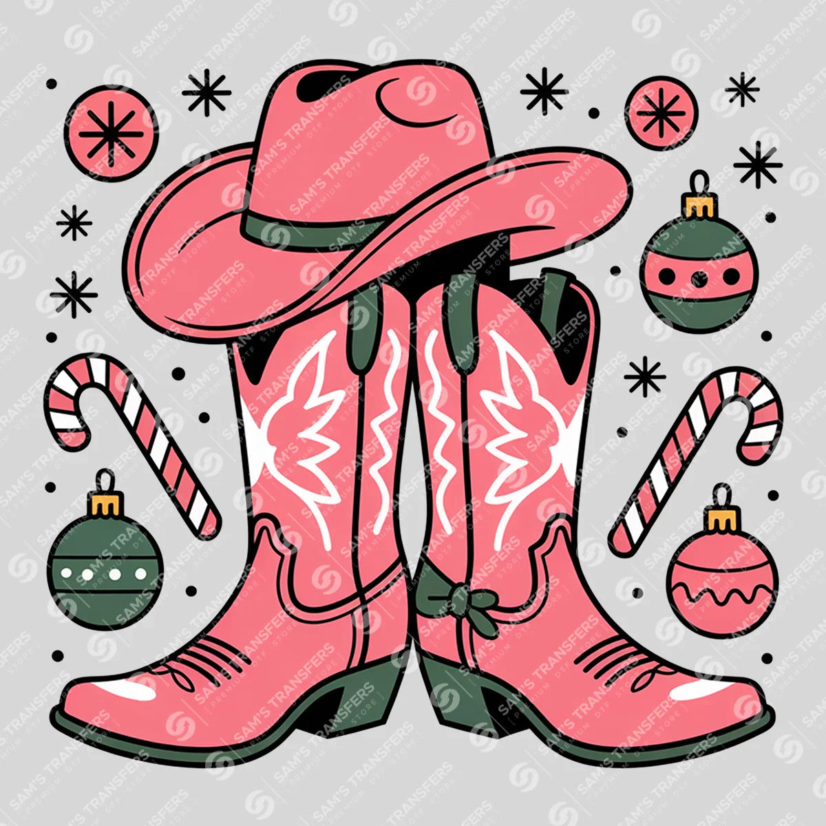 Apparel featuring a Pink Christmas Cowgirl Boots Candy Cane-themed DTF transfer.