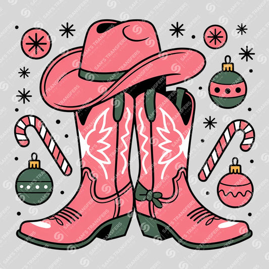 Apparel featuring a Pink Christmas Cowgirl Boots Candy Cane-themed DTF transfer.