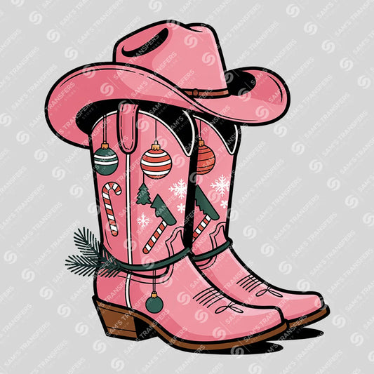 Apparel featuring a Pink Cowgirl Boots Christmas Tree-themed DTF transfer.