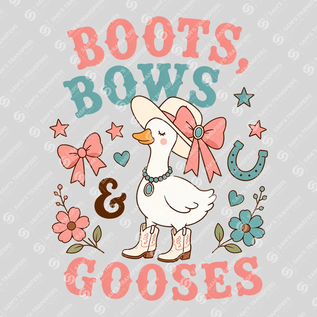 Apparel featuring a Boots Bows and Gooses-themed DTF transfer.