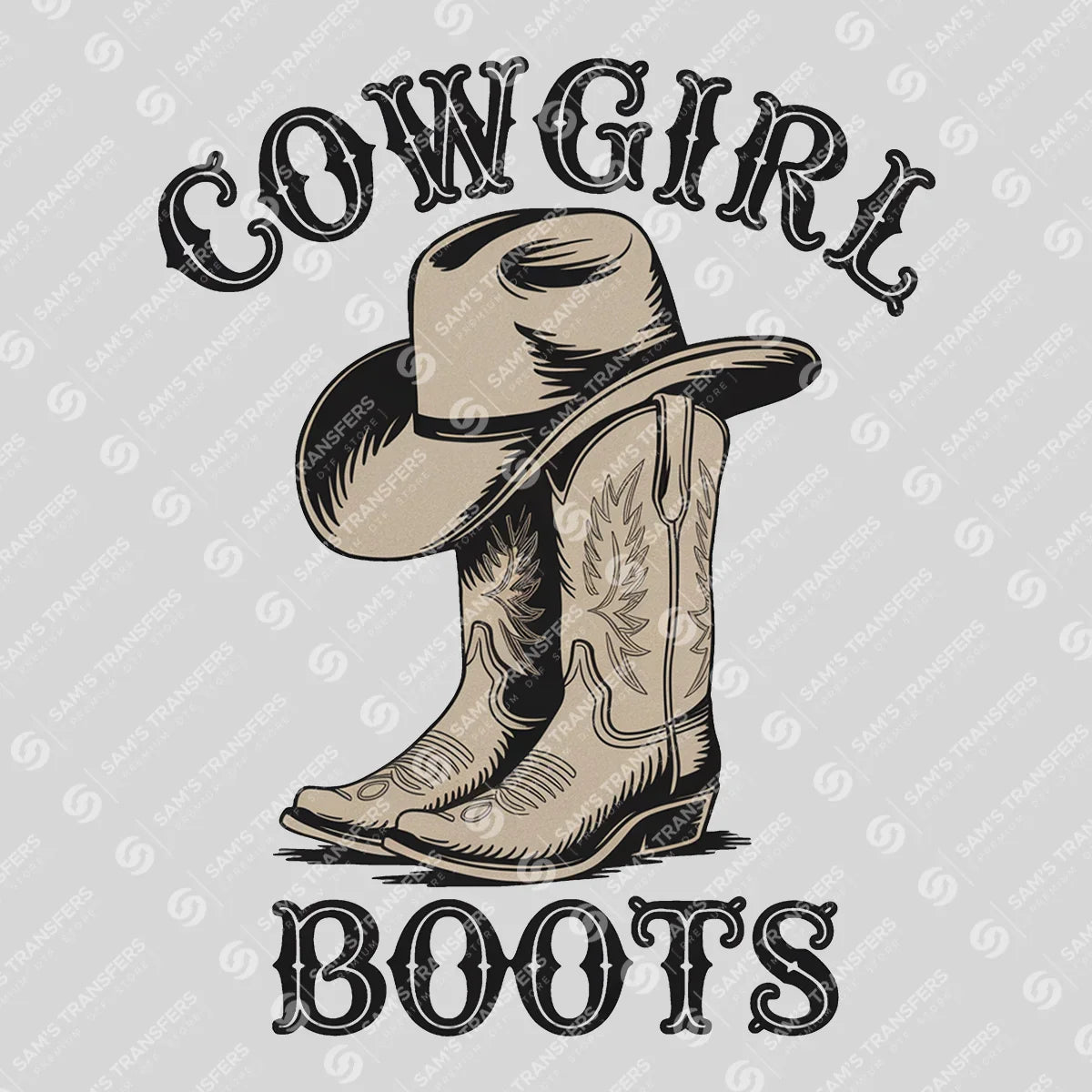 Apparel featuring a Cowgirl Boots and Hat-themed DTF transfer.