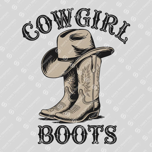Apparel featuring a Cowgirl Boots and Hat-themed DTF transfer.