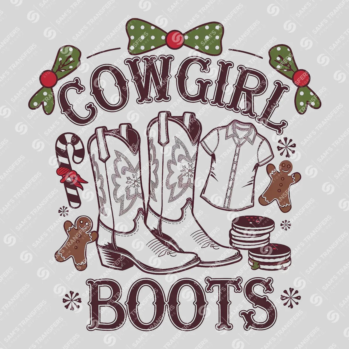 Apparel featuring a Cowgirl Boots Christmas-themed DTF transfer.
