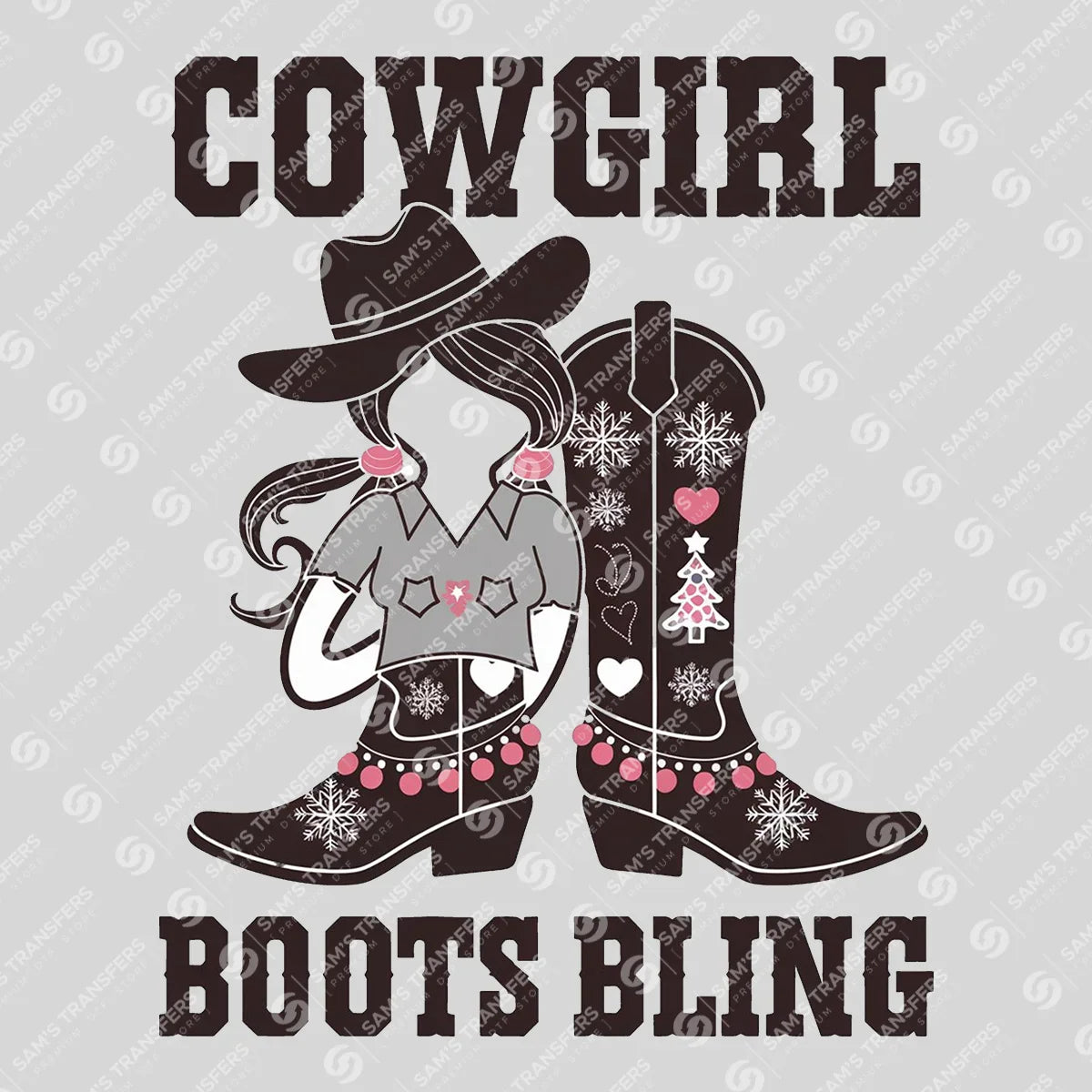 Apparel featuring a Cowgirl Boots Bling-themed DTF transfer.