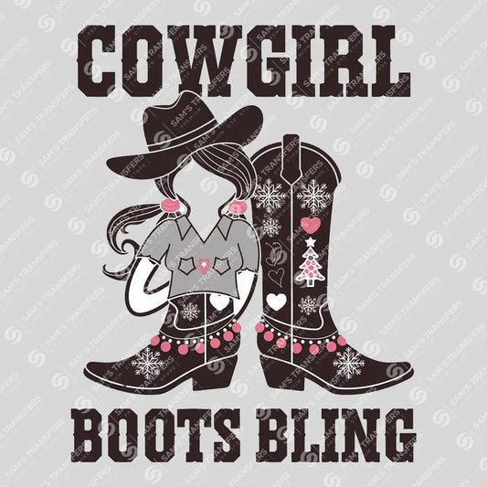 Apparel featuring a Cowgirl Boots Bling-themed DTF transfer.