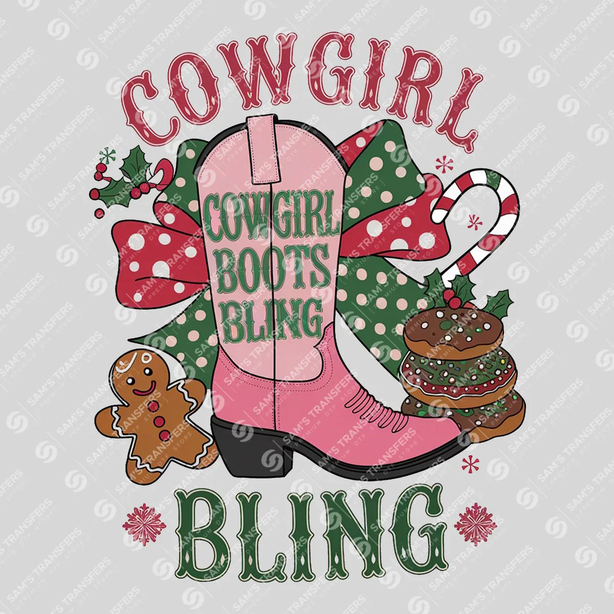 Apparel featuring a Cowgirl Boots Bling Pink Bow-themed DTF transfer.