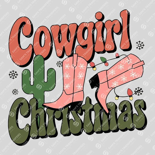 Apparel featuring a Cowgirl Christmas Retro-themed DTF transfer.