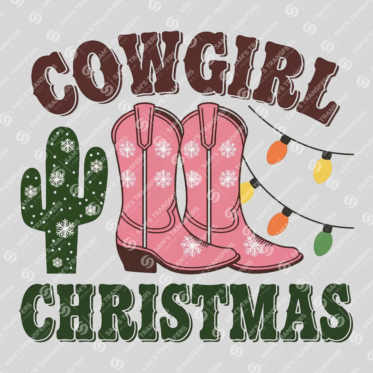 Apparel featuring a Cowgirl Christmas Cactus Lights-themed DTF transfer.