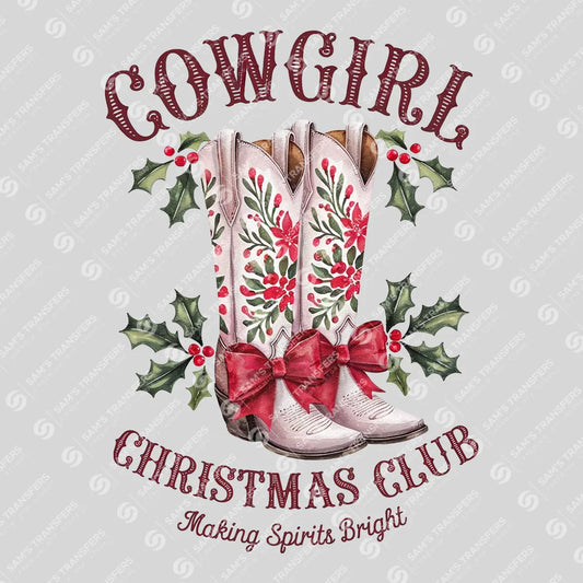Apparel featuring a Cowgirl Christmas Club-themed DTF transfer.