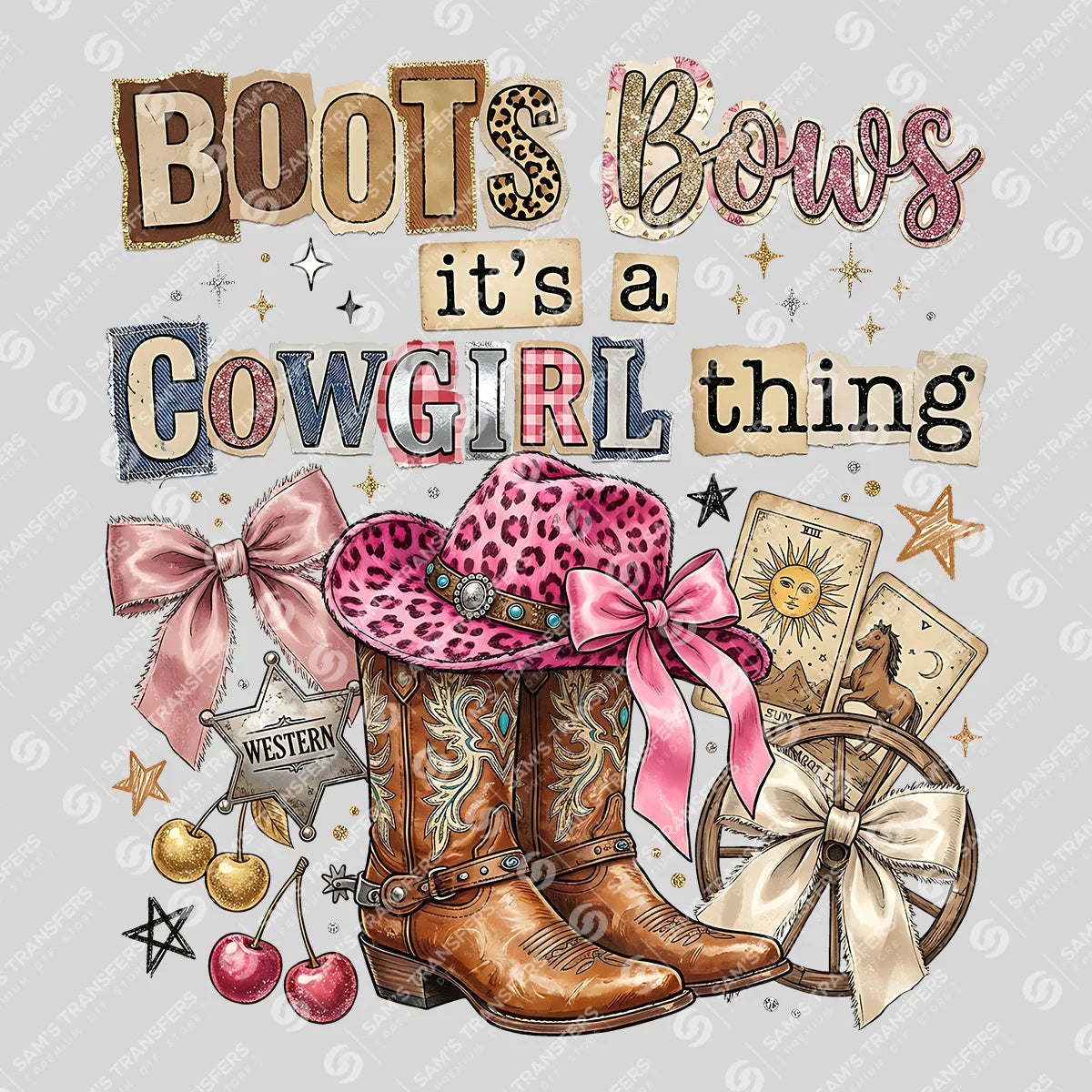 Apparel featuring a Boots and Bows It's a Cowgirl Thing Leopard-themed DTF transfer.
