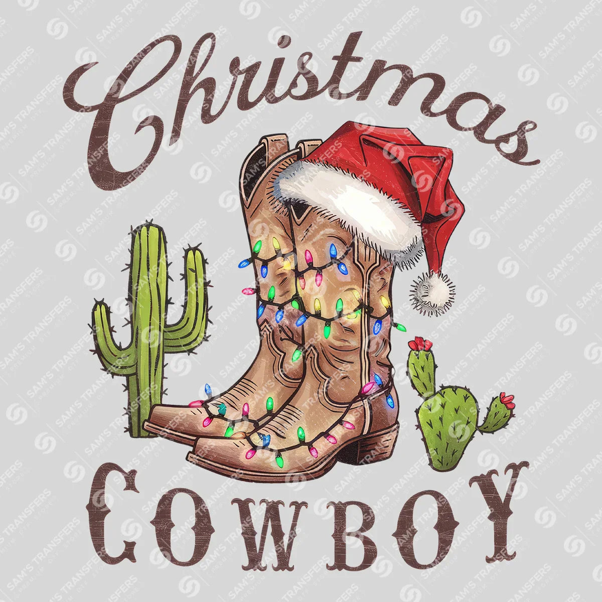 Apparel featuring a Christmas Cowboy Boot-themed DTF transfer.