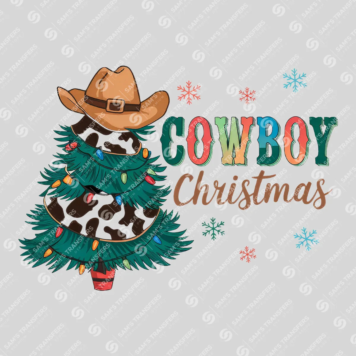 Apparel featuring a Cowboy Christmas Tree-themed DTF transfer.